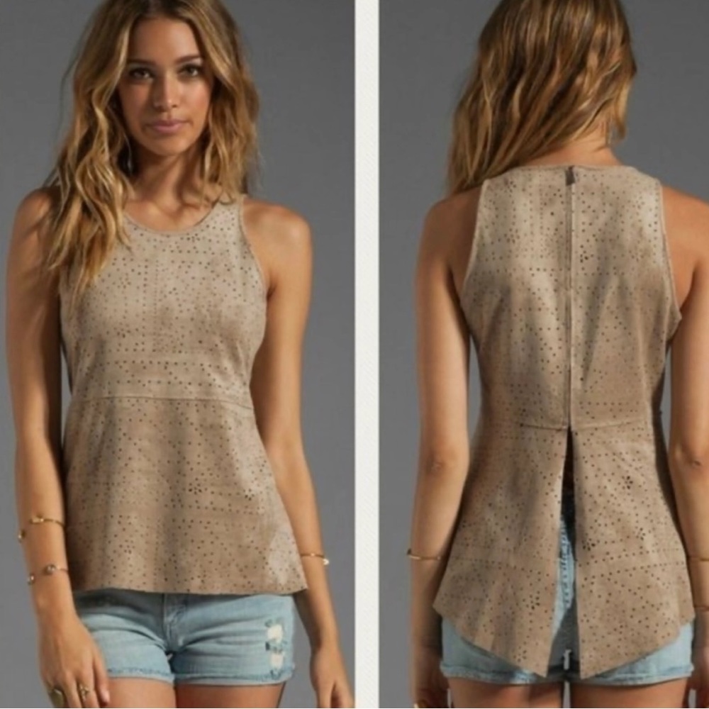 BCBGMaxAzria Suede Peplum Top Open Slit Back